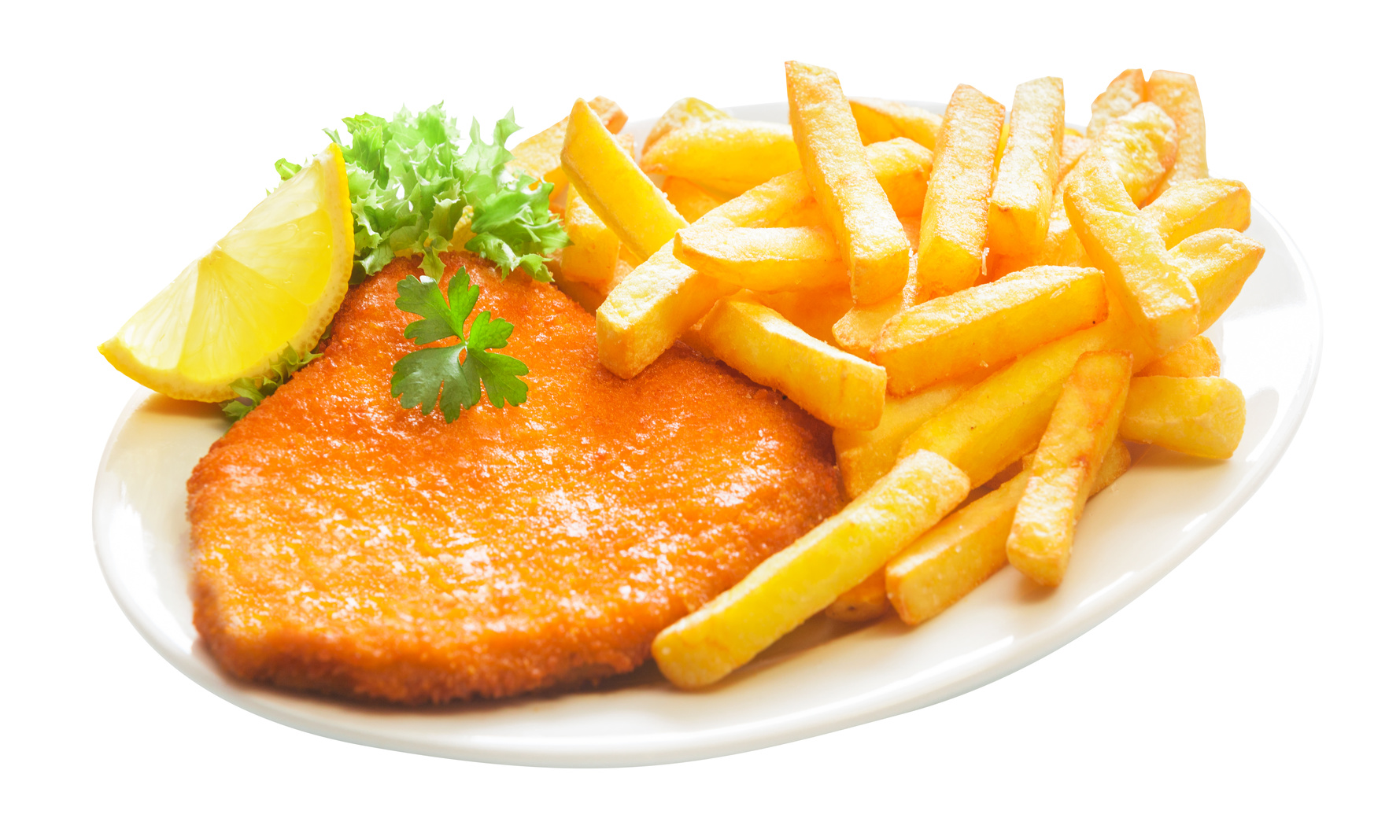 Fried crumbed veal escalope with French fries baerengrill.de